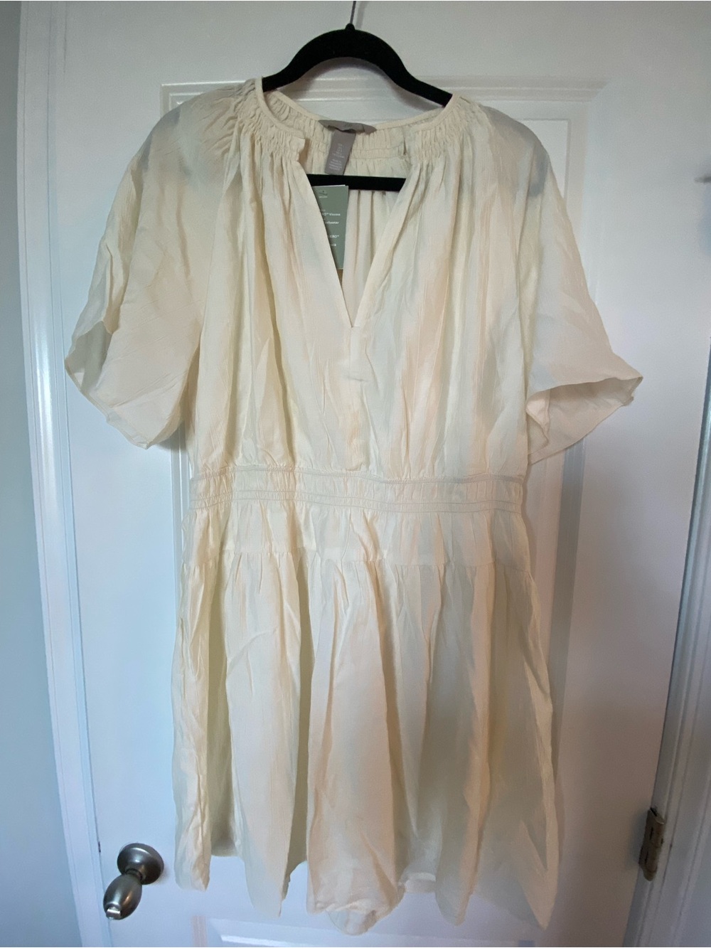 H&M Cream Elastic-Waist Smocked Dress
